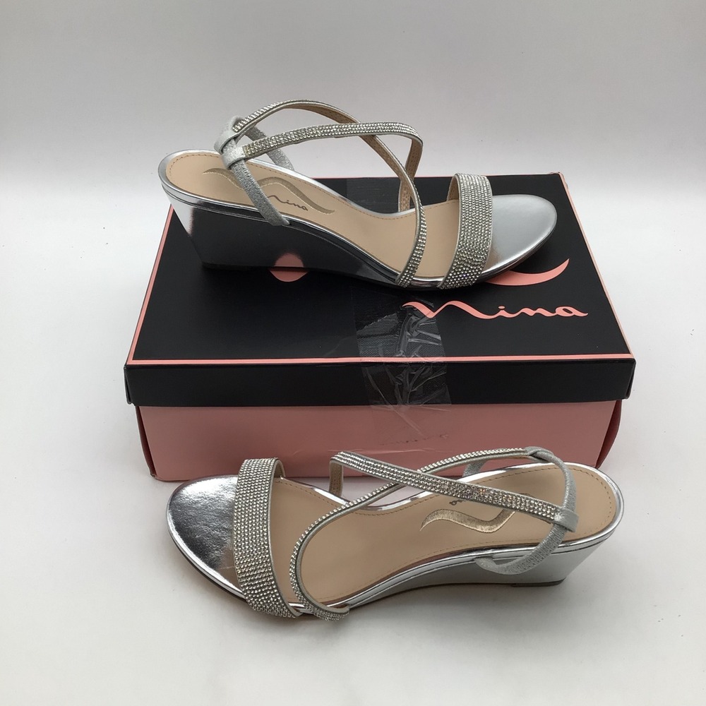 Nina Nixon-FY Silver Rhinestone Wedge Sandals Womens Size 9 M Formal‎ Shoes NEW